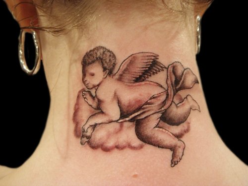 Grey Ink Baby Angel Tattoo On Nape